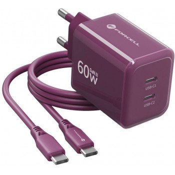 Forcell F-Energy GaN III VT-60 60 W PD QC 4.0+ sieninis įkroviklis su 2x USB-C, bordinės spalvos, + USB-C kabelis