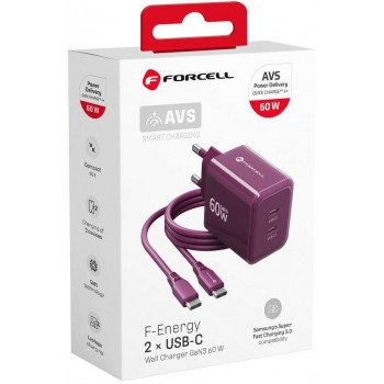 Forcell F-Energy GaN III VT-60 60 W PD QC 4.0+ sieninis įkroviklis su 2x USB-C, bordinės spalvos, + USB-C kabelis