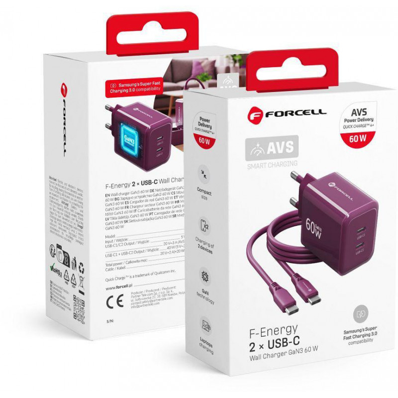 Forcell F-Energy GaN III VT-60 60 W PD QC 4.0+ sieninis įkroviklis su 2x USB-C, bordinės spalvos, + USB-C kabelis