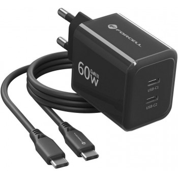 Forcell F-Energy GaN III VT-60 60W PD QC 4.0+ 2x USB-C juodas sieninis įkroviklis + USB-C kabelis