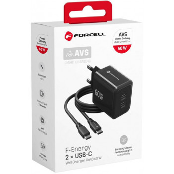 Forcell F-Energy GaN III VT-60 60W PD QC 4.0+ 2x USB-C juodas sieninis įkroviklis + USB-C kabelis