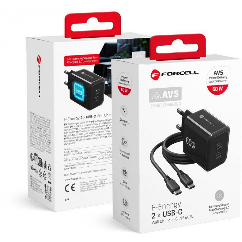 Forcell F-Energy GaN III VT-60 60W PD QC 4.0+ 2x USB-C juodas sieninis įkroviklis + USB-C kabelis