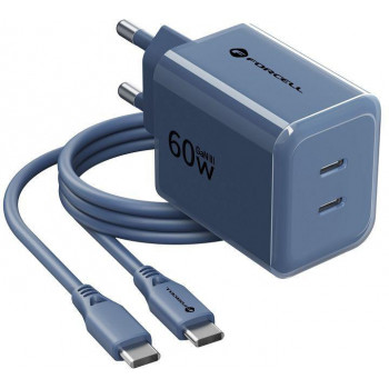 Forcell F-Energy GaN III VT-60 60 W PD QC 4.0+ sieninis įkroviklis su 2x USB-C, tamsiai mėlynas + USB-C kabelis