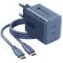Forcell F-Energy GaN III VT-60 60 W PD QC 4.0+ sieninis įkroviklis su 2x USB-C, tamsiai mėlynas + USB-C kabelis