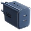 Forcell F-Energy GaN III VT-60 60 W PD QC 4.0+ sieninis įkroviklis su 2x USB-C, tamsiai mėlynas + USB-C kabelis
