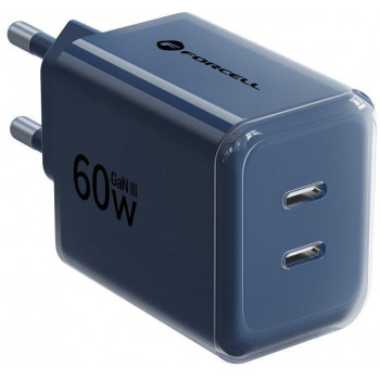 Forcell F-Energy GaN III VT-60 60 W PD QC 4.0+ sieninis įkroviklis su 2x USB-C, tamsiai mėlynas + USB-C kabelis