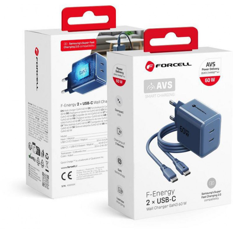 Forcell F-Energy GaN III VT-60 60 W PD QC 4.0+ sieninis įkroviklis su 2x USB-C, tamsiai mėlynas + USB-C kabelis