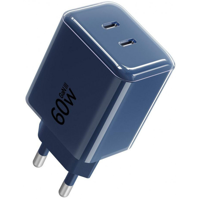 Forcell F-Energy GaN III VT-60 60 W PD QC 4.0+ sieninis įkroviklis su 2x USB-C, tamsiai mėlynas + USB-C kabelis