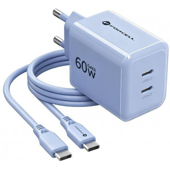 Forcell F-Energy GaN III VT-60 60 W PD QC 4.0+ sieninis įkroviklis su 2x USB-C, mėlynas + USB-C kabelis