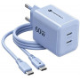 Forcell F-Energy GaN III VT-60 60 W PD QC 4.0+ sieninis įkroviklis su 2x USB-C, mėlynas + USB-C kabelis