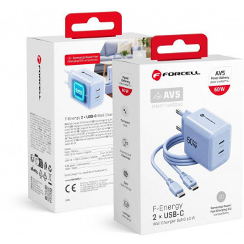 Forcell F-Energy GaN III VT-60 60 W PD QC 4.0+ sieninis įkroviklis su 2x USB-C, mėlynas + USB-C kabelis