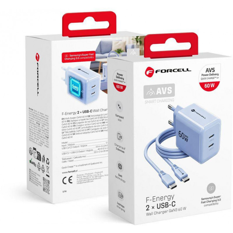 Forcell F-Energy GaN III VT-60 60 W PD QC 4.0+ sieninis įkroviklis su 2x USB-C, mėlynas + USB-C kabelis