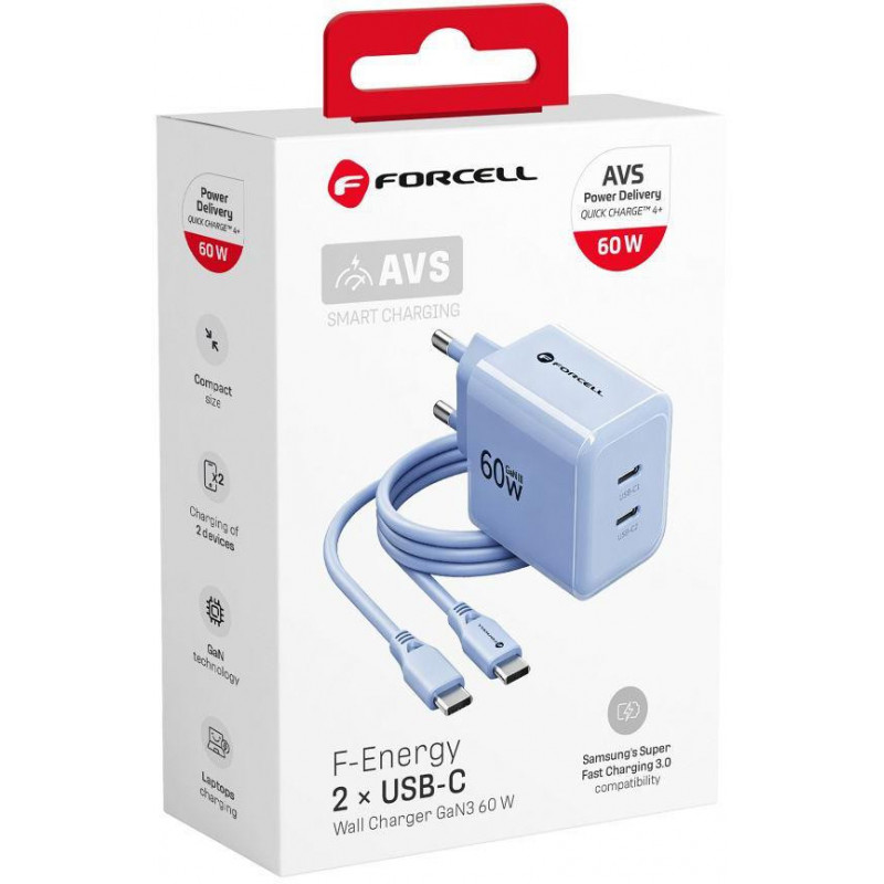 Forcell F-Energy GaN III VT-60 60 W PD QC 4.0+ sieninis įkroviklis su 2x USB-C, mėlynas + USB-C kabelis