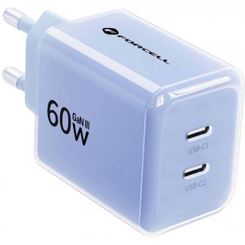 Forcell F-Energy GaN III VT-60 60 W PD QC 4.0+ sieninis įkroviklis su 2x USB-C, mėlynas + USB-C kabelis