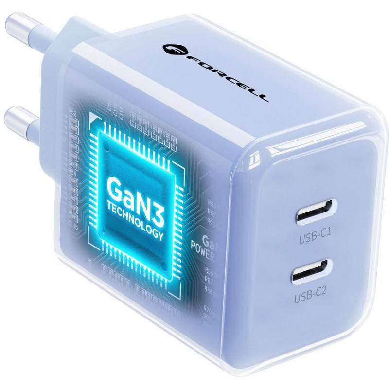 Forcell F-Energy GaN III VT-60 60 W PD QC 4.0+ sieninis įkroviklis su 2x USB-C, mėlynas + USB-C kabelis