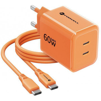Forcell F-Energy GaN III VT-60 60W PD QC 4.0+ 2x USB-C sieninis įkroviklis oranžinis + USB-C kabelis
