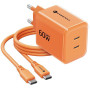 Forcell F-Energy GaN III VT-60 60W PD QC 4.0+ 2x USB-C sieninis įkroviklis oranžinis + USB-C kabelis