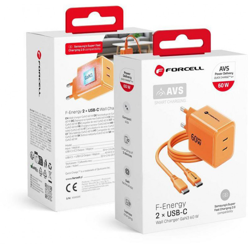 Forcell F-Energy GaN III VT-60 60W PD QC 4.0+ 2x USB-C sieninis įkroviklis oranžinis + USB-C kabelis