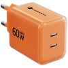 Forcell F-Energy GaN III VT-60 60W PD QC 4.0+ 2x USB-C sieninis įkroviklis oranžinis + USB-C kabelis