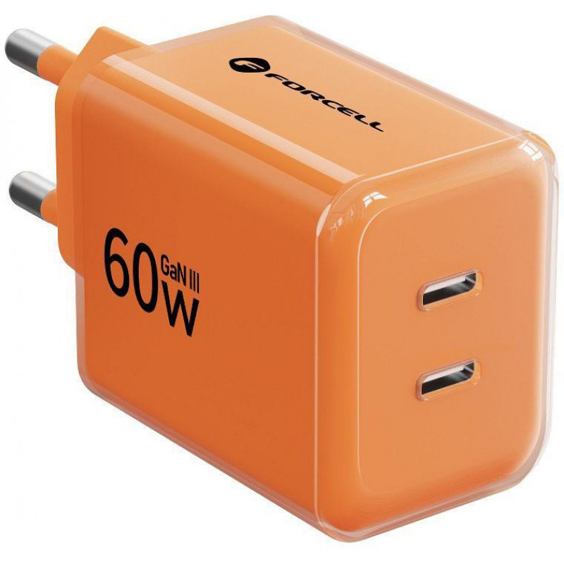 Forcell F-Energy GaN III VT-60 60W PD QC 4.0+ 2x USB-C sieninis įkroviklis oranžinis + USB-C kabelis