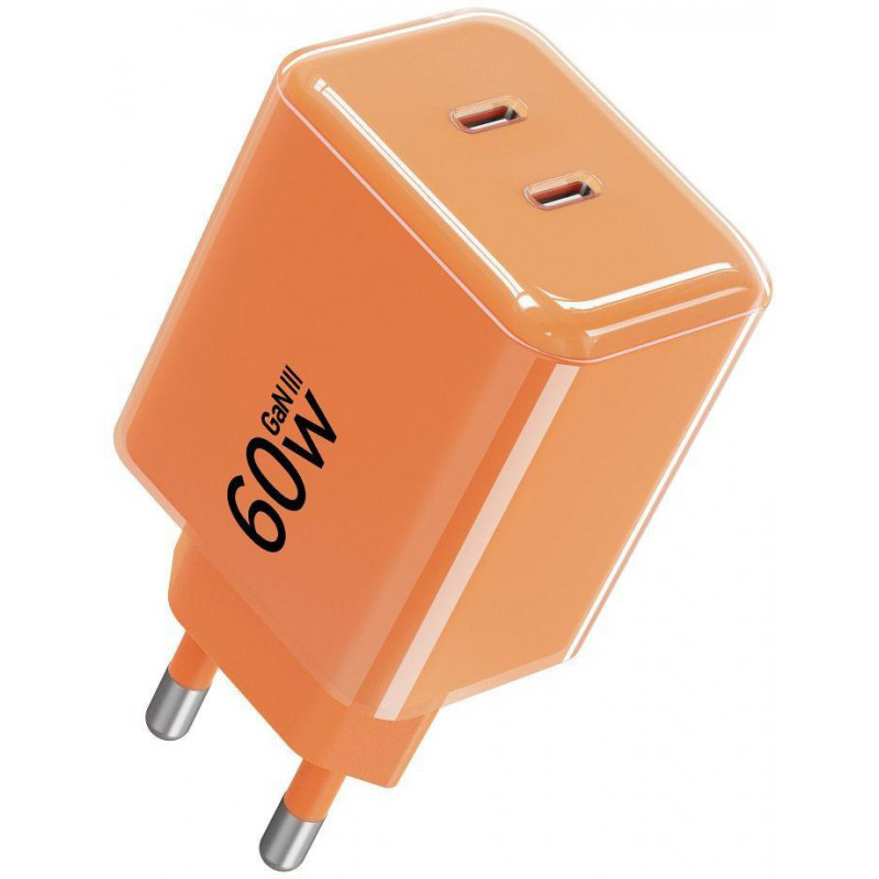 Forcell F-Energy GaN III VT-60 60W PD QC 4.0+ 2x USB-C sieninis įkroviklis oranžinis + USB-C kabelis