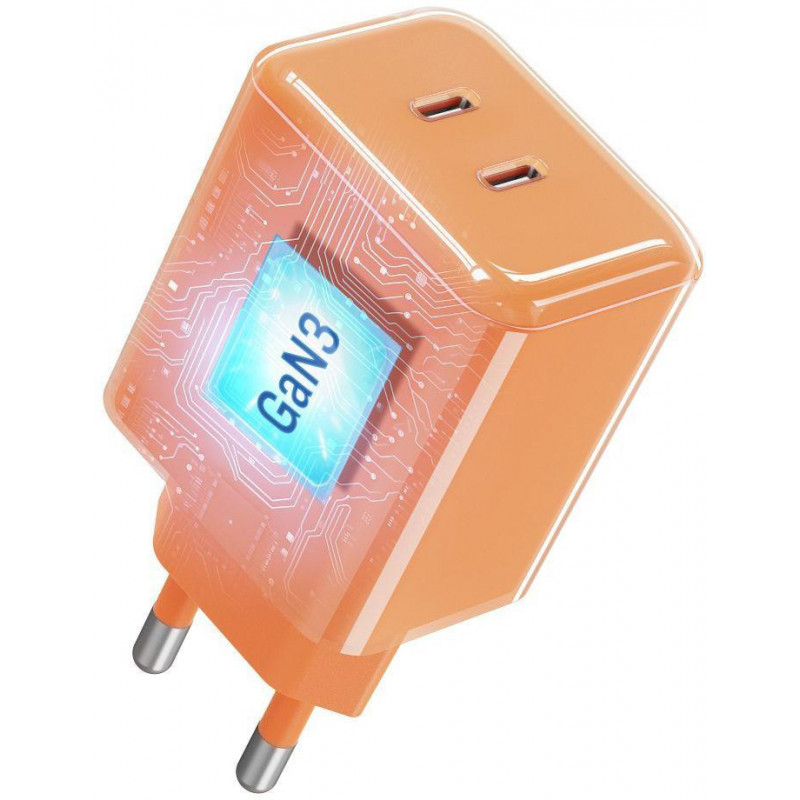 Forcell F-Energy GaN III VT-60 60W PD QC 4.0+ 2x USB-C sieninis įkroviklis oranžinis + USB-C kabelis