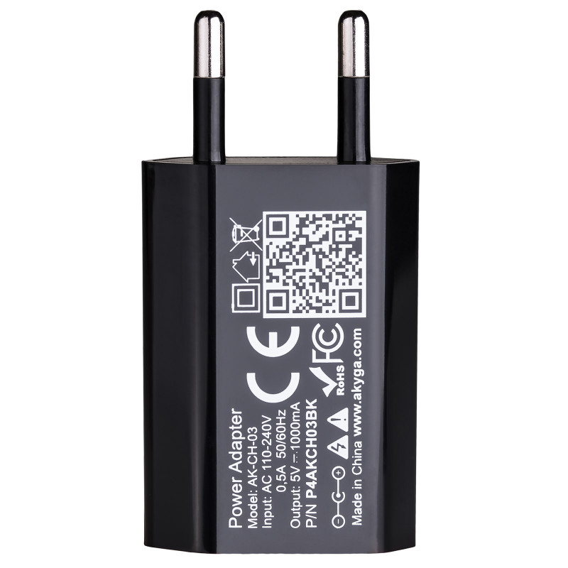 Sieninis įkroviklis Akyga AK-CH-03BK 5W USB-A 5V / 1A juodas
