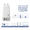 Sieninis įkroviklis Akyga AK-CH-20 100W USB-C USB-A PD GaN 5-20V / 1.5-5A baltas