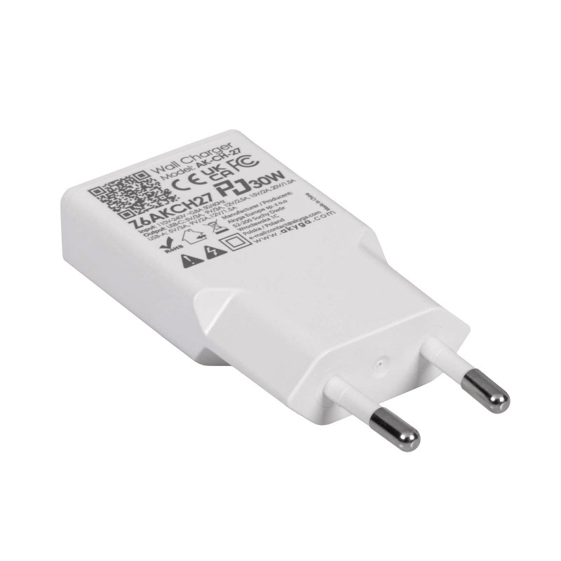 Sieninis įkroviklis Akyga AK-CH-27 30W USB-C USB-A PD GaN 5-20V / 1.5-3A baltas