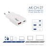 Sieninis įkroviklis Akyga AK-CH-27 30W USB-C USB-A PD GaN 5-20V / 1.5-3A baltas