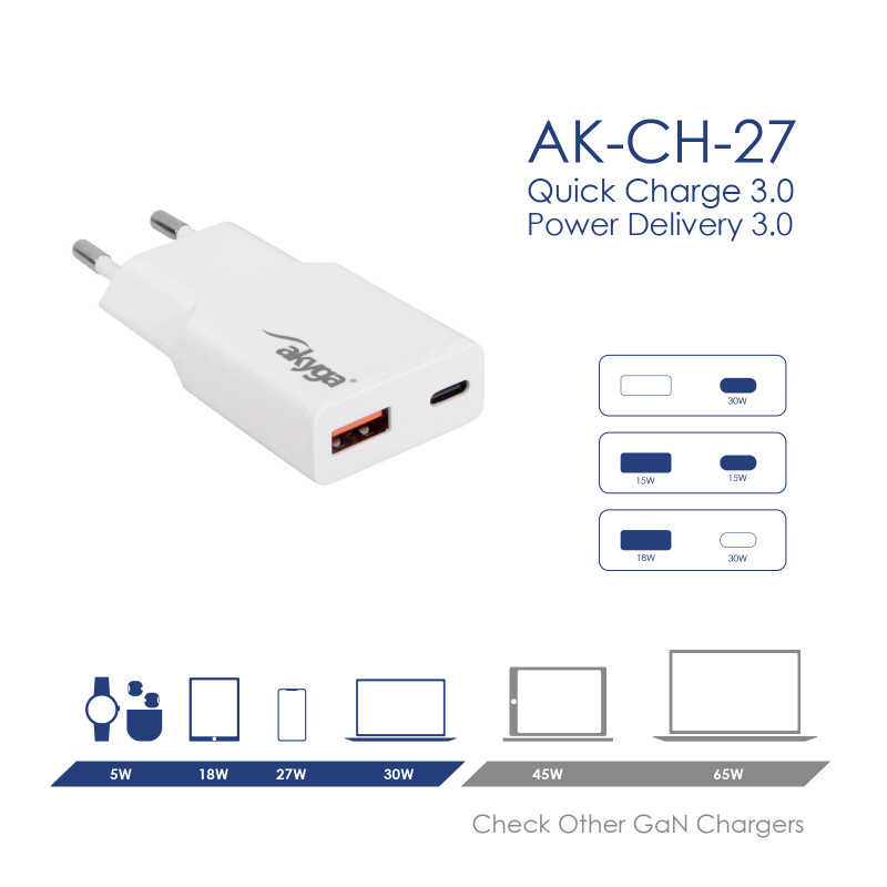 Sieninis įkroviklis Akyga AK-CH-27 30W USB-C USB-A PD GaN 5-20V / 1.5-3A baltas