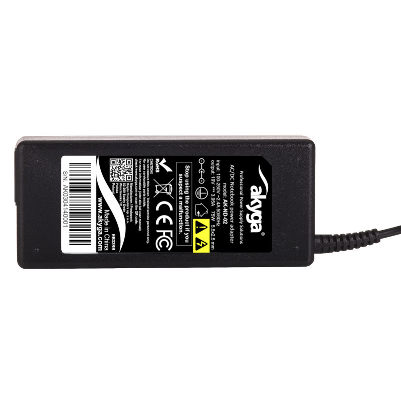 Akyga AK-ND-02 nešiojamojo kompiuterio įkroviklis 19 V / 3,95 A, 75 W, 5,5 x 2,5 mm, 1,2 m, skirtas ASUS / Toshiba / Lenovo