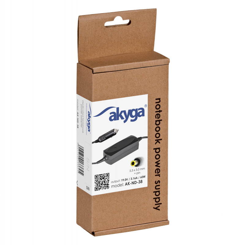 Akyga AK-ND-38 automobilinis nešiojamojo kompiuterio įkroviklis 19 V / 3,16 A, 60 W, 5,5 x 3,0 mm + kaištis, skirtas Samsung