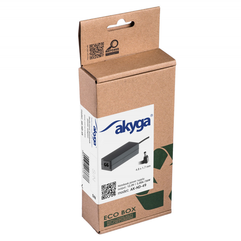 Akyga AK-ND-49 nešiojamojo kompiuterio įkroviklis 12 V / 3,0 A, 36 W, 4,8 x 1,7 mm, 1,2 m, skirtas ASUS