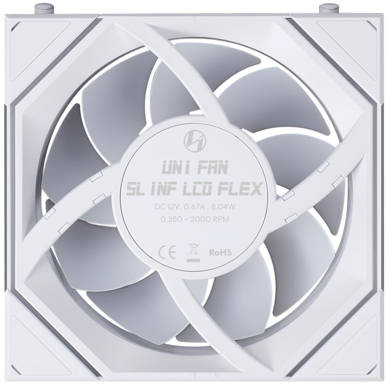 Lian Li UNI FAN SL-INF 120 FLEX LCD Wireless kompiuterio korpuso aušintuvas, ARGB ir LCD, 120 mm, baltos spalvos