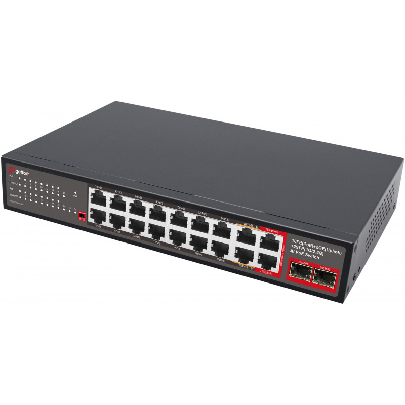 Getfort GF-120G-16P-240 PoE tinklo komutatorius, 16 x 10/100 PoE + 2 x GE + 2 x SFP, 240 W