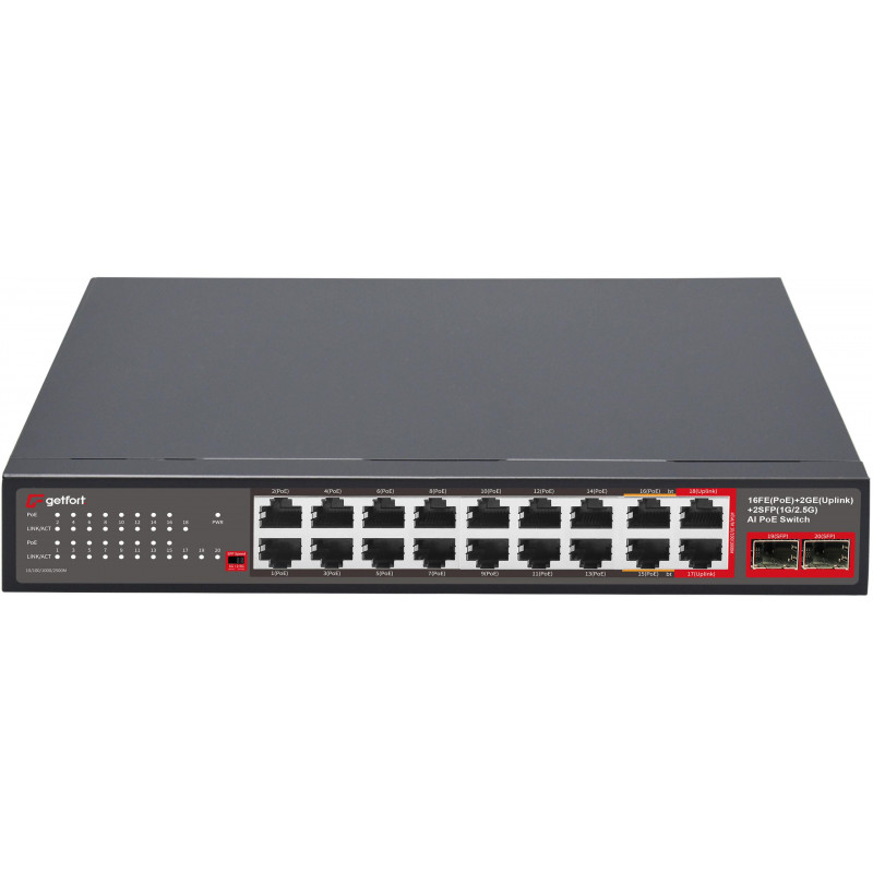 Getfort GF-120G-16P-240 PoE tinklo komutatorius, 16 x 10/100 PoE + 2 x GE + 2 x SFP, 240 W