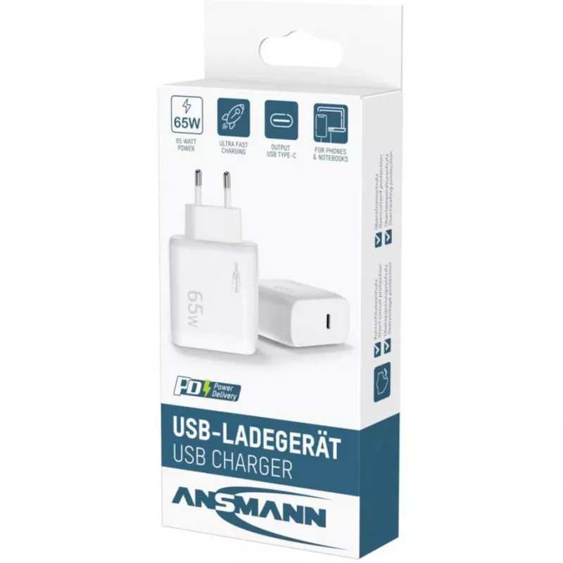 Ansmann Home Charger HC165PD USB kroviklis su 1x USB-C, PPS, PD, Quick Charge, 65 W, baltos spalvos