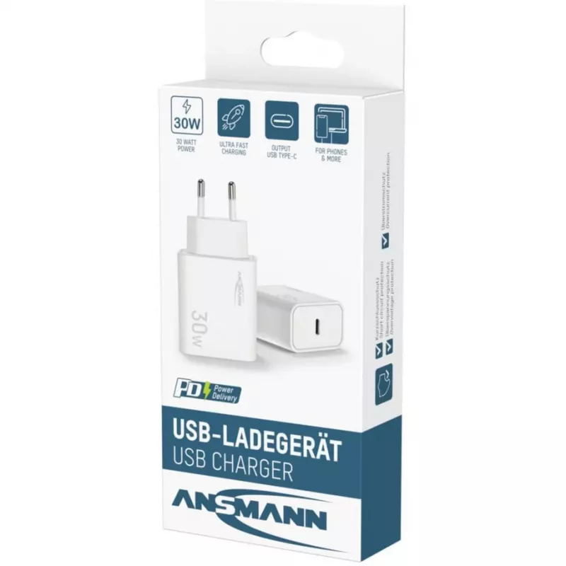 Ansmann Home Charger HC130PD USB kroviklis su 1x USB-C, PPS, PD, Quick Charge, 30 W, baltos spalvos