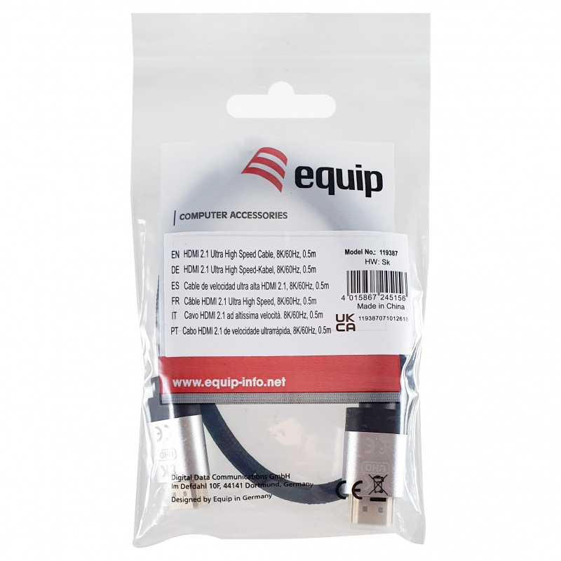 Equip 119387 HDMI 2.1 Ultra High Speed laidas su Ethernet, 48 Gbps, 8K/60 Hz, juodos spalvos, 0,5 m