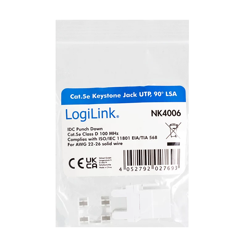 LogiLink NK4006 RJ45 keystone modulis, Cat.5e UTP, 90° įspaudžiama jungtis, baltas