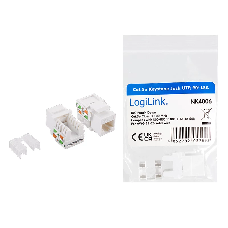 LogiLink NK4006 RJ45 keystone modulis, Cat.5e UTP, 90° įspaudžiama jungtis, baltas