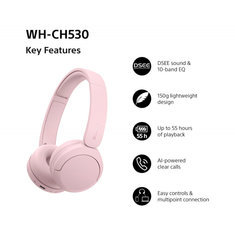 Sony WH-CH530 Bluetooth ausinės su mikrofonu, uždedamos ant ausų, triukšmo mažinimas, rožinės