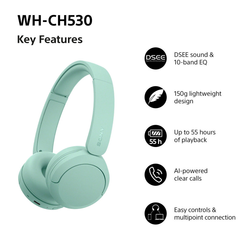 Sony WH-CH530 belaidžio ryšio Bluetooth ausinės, mėtos spalvos