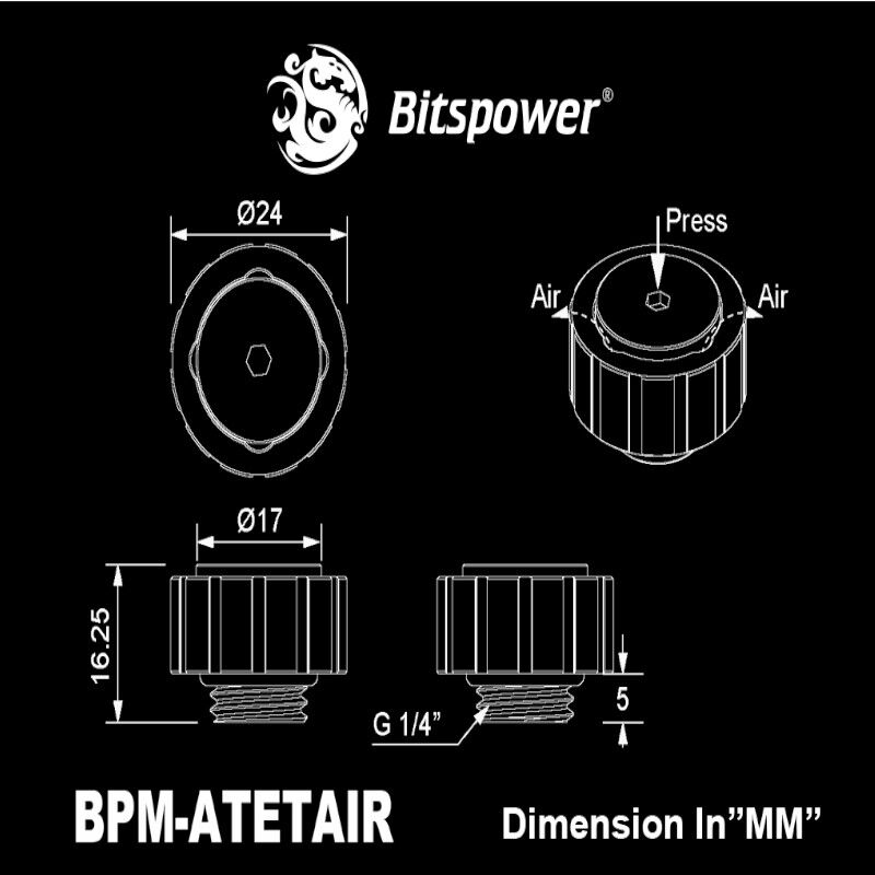 Bitspower Artemis BPM-ATETAIR-SL rankinis oro nuleidimo vožtuvas, G1/4″ išorinis sriegis, smėliasrove apdorotas sidabrinis paviršius