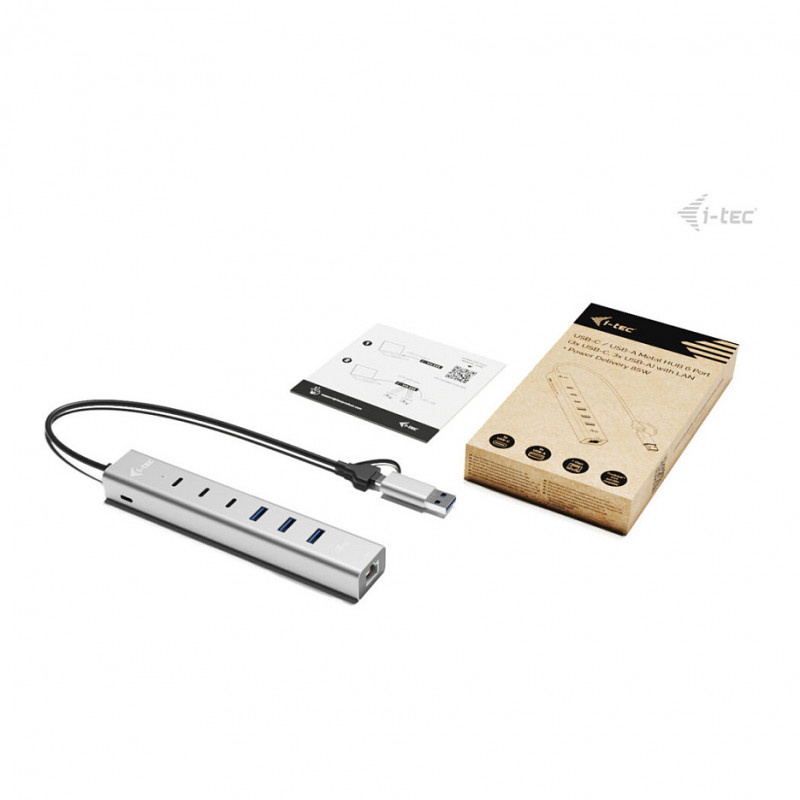 i-tec CAHUBMETAL6LANPD USB-C/USB-A metalinis šakotuvas (hubas), 6 prievadai, Gigabit LAN, Power Delivery 85 W, sidabro spalvos