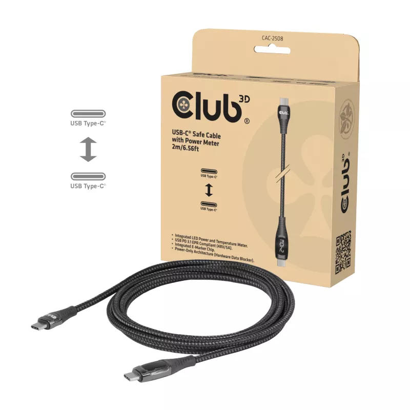 Club 3D CAC-2508 USB-C kabelis saugiam krovimui, 240 W, su krovimo ekranėliu, kištukas/kištukas, 2 m