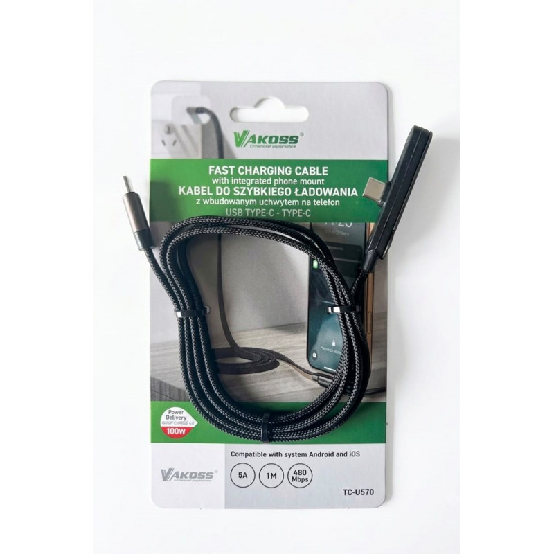 Vakoss TC-U570 USB-C–USB-C kabelis su stovo funkcija, 100 W, 1 m, juodas