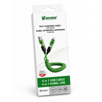 Vakoss MLU680G kabelis 4 viename, 1,5 m, 60 W, 3 A, QC/PD, žalias