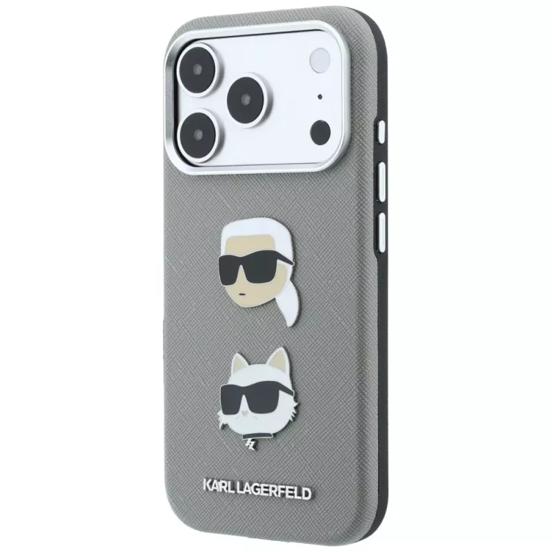 Karl Lagerfeld KF003253 dėkliukas Saffiano su Karl & Choupette Heads Pins ir logotipu, tinka iPhone 18 Pro / 17 Pro, pilkas